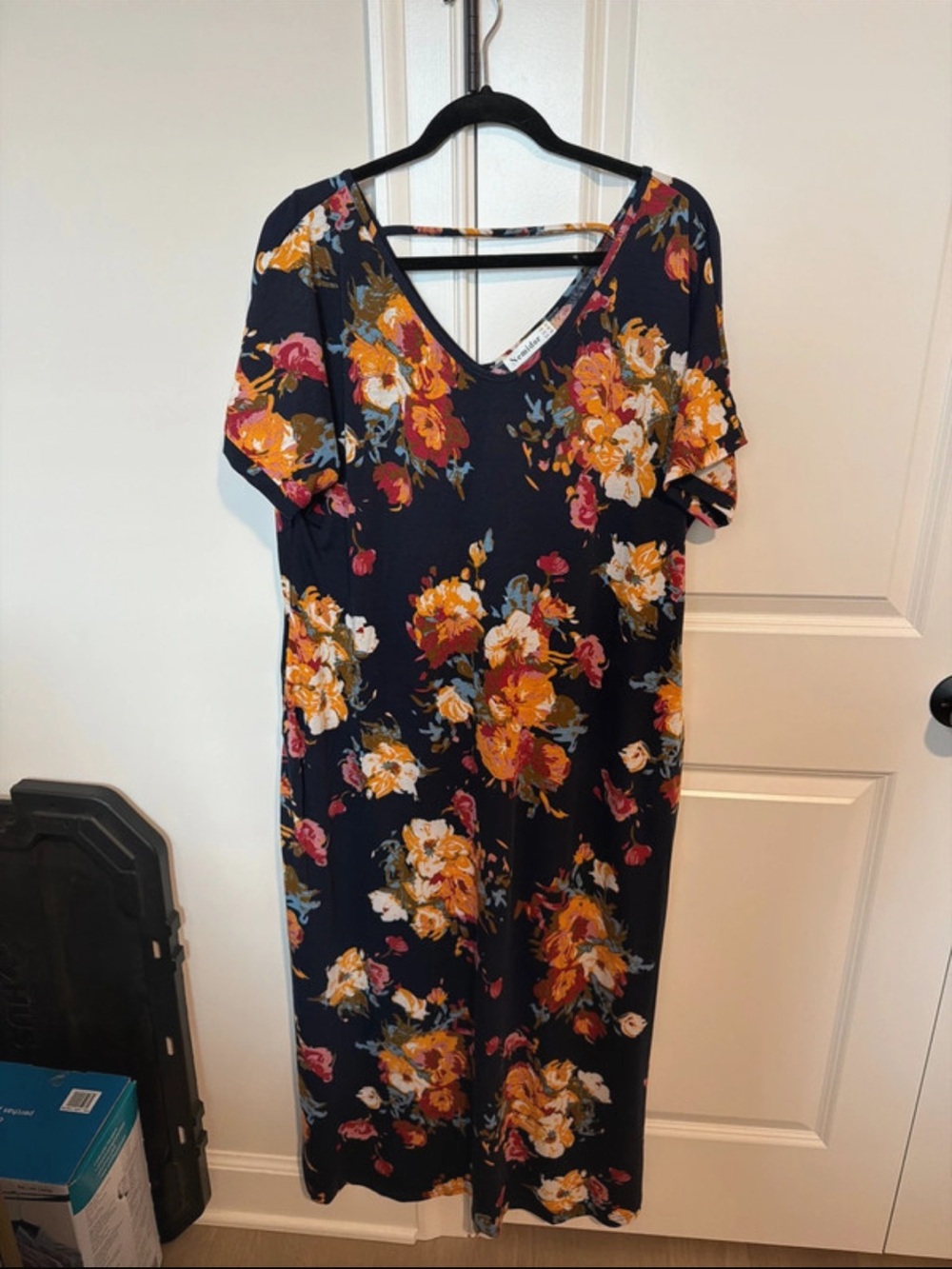 Navy Floral V-Neck Midi Dress with Orange & Pink Blooms